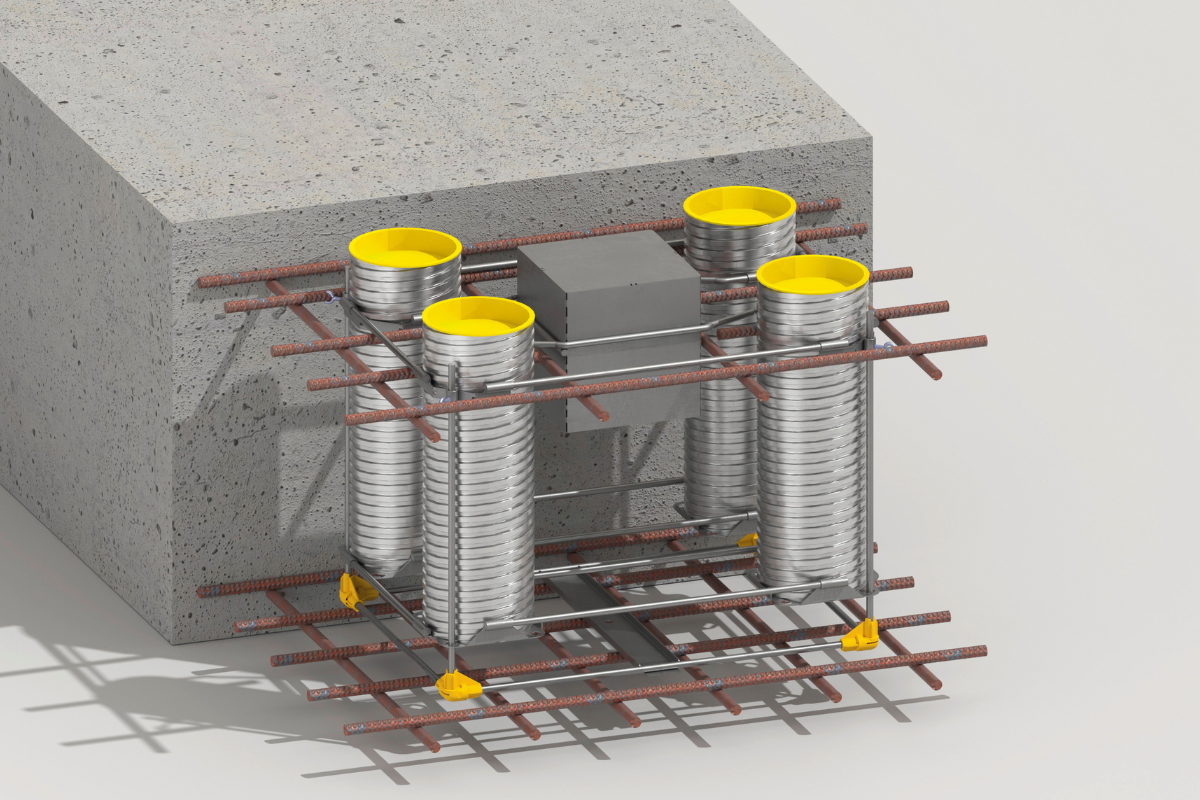 Einbauset für einfachen Einbau und sichere Fixierung an der Bewehrung während des Betonierens