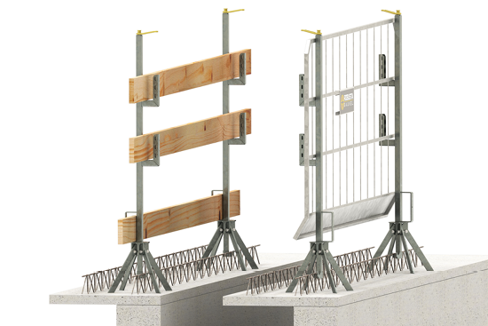 FILI-Geländerhalter mit Seitenschutzbrettern und Gitter zur Absturzsicherung an Filigrandecken